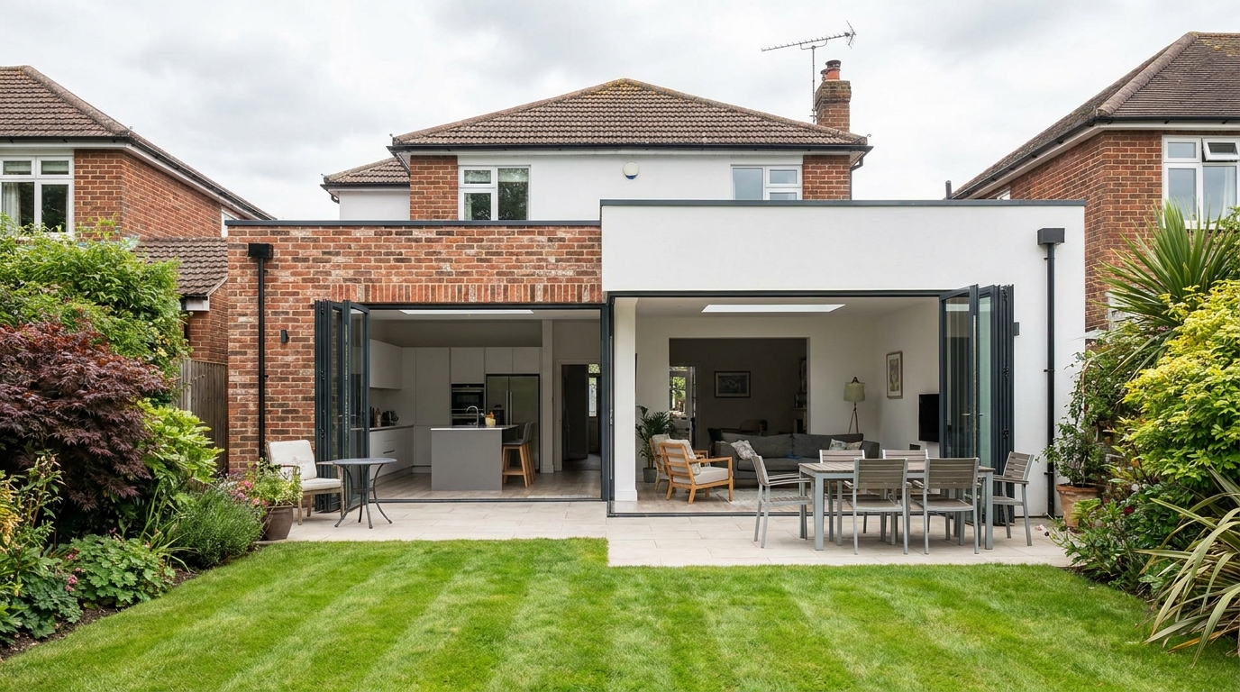 A newly completed single-storey rear house extension with glazed doors opening to a garden